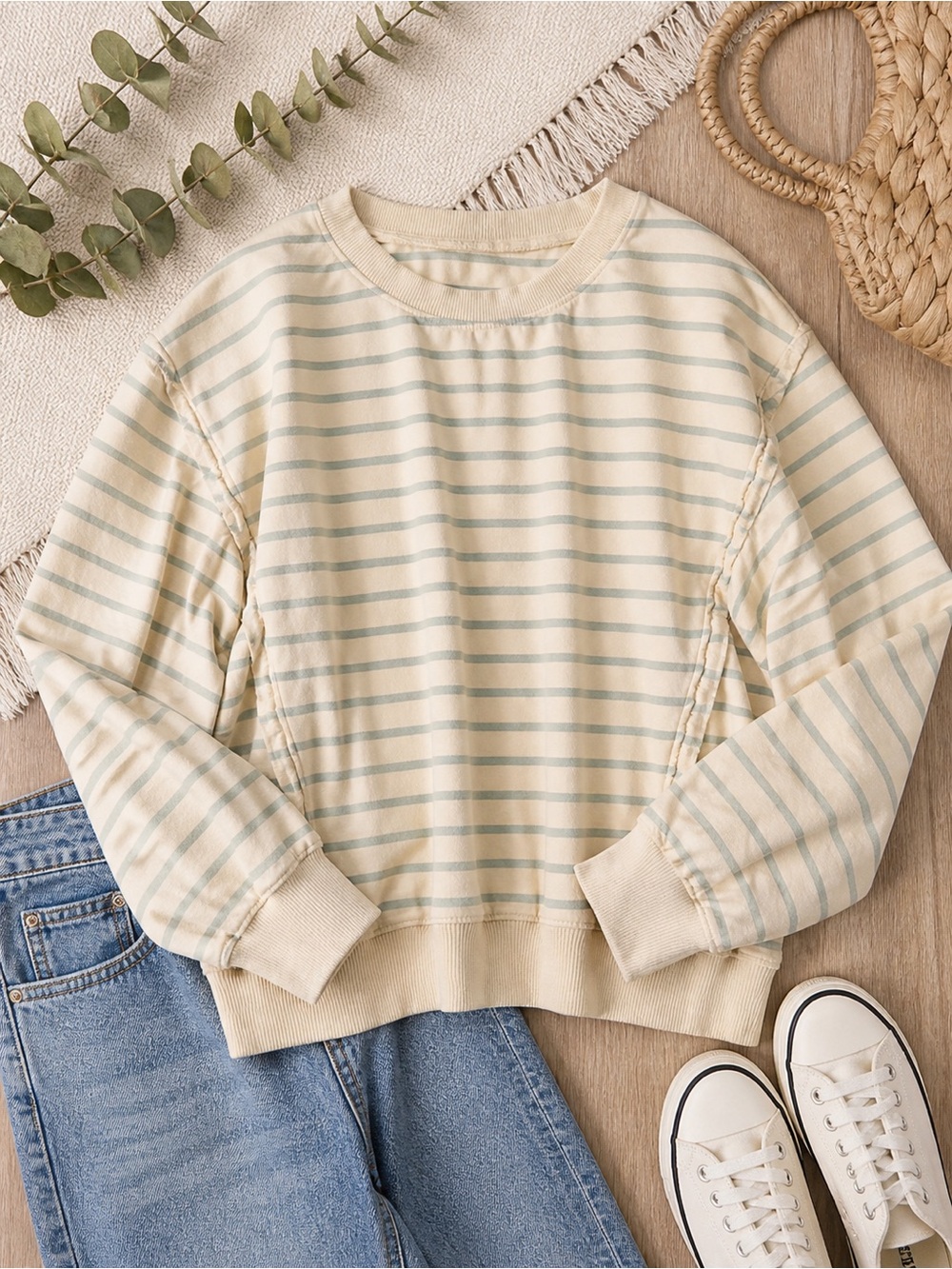 Lane 201 Women's Striped Cream and Pale Blue Crewneck Pullover - Size M